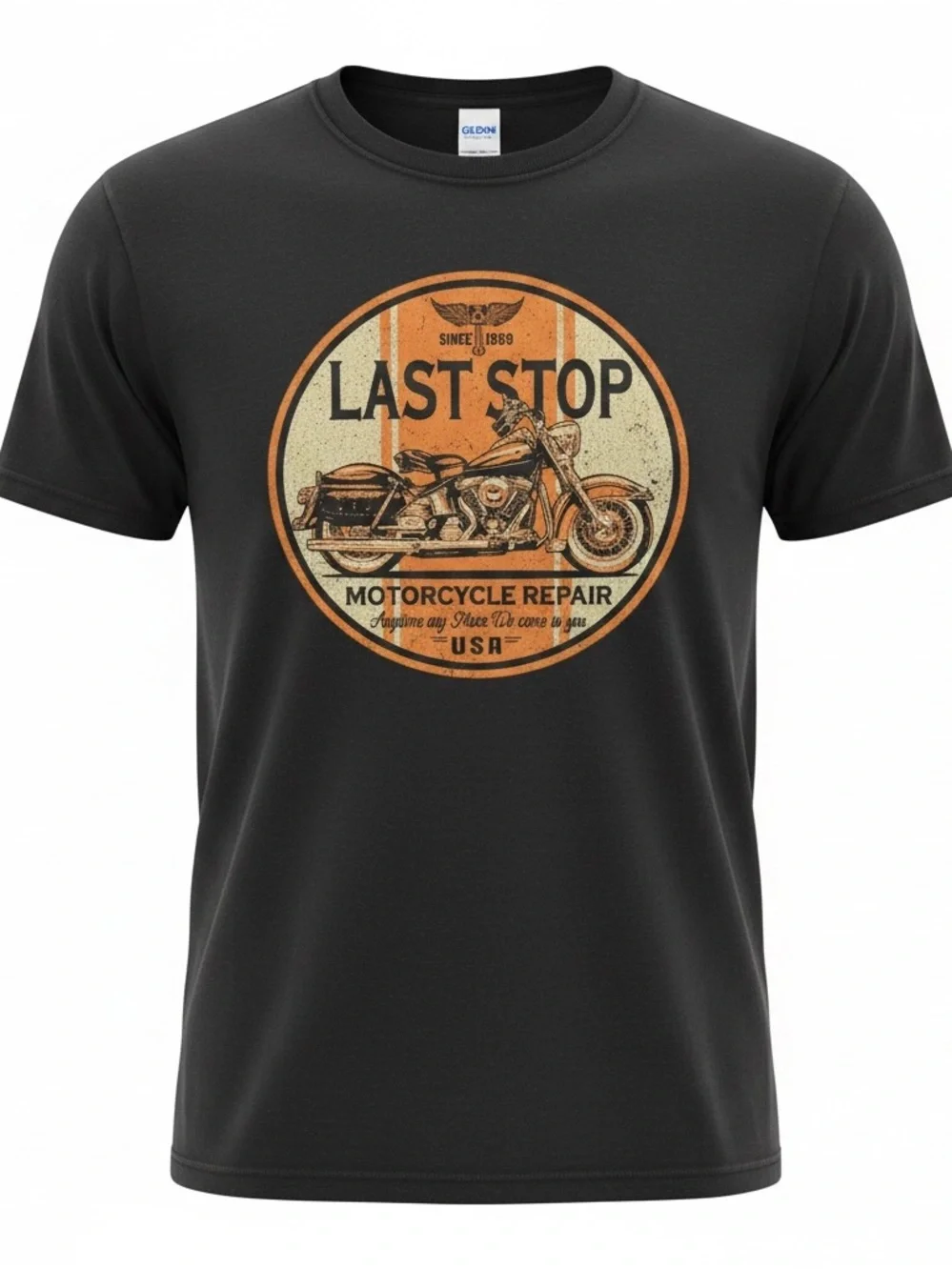 Last Stop Vintage Style Black Motorcycle Repair Graphic Tee 21 PTP, 28L - Picture 1 of 5